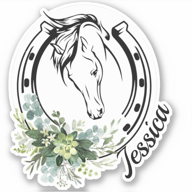 Floral Custom Name Horse Equestrian Horseshoe  Sticker (Front)