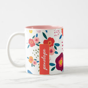 Floral Custom Name Pattern Coral Personalized Two-Tone Coffee Mug