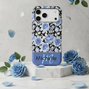 Floral Custom Name Stylish Blue Roses on Black iPhone 17 Pro Max Case