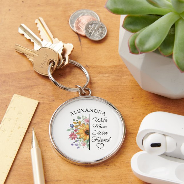 Floral Custom Name & Text Wife Mom Sister Friend  Keychain (Desk)