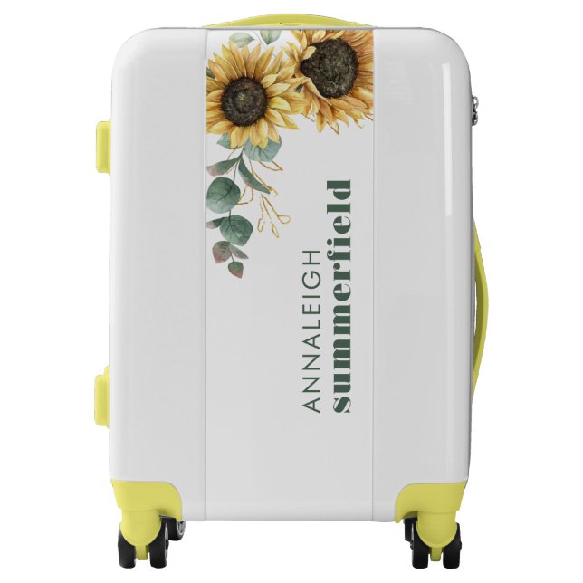 Floral Custom Sunflower Eucalyptus Greenery Script Luggage (Front)