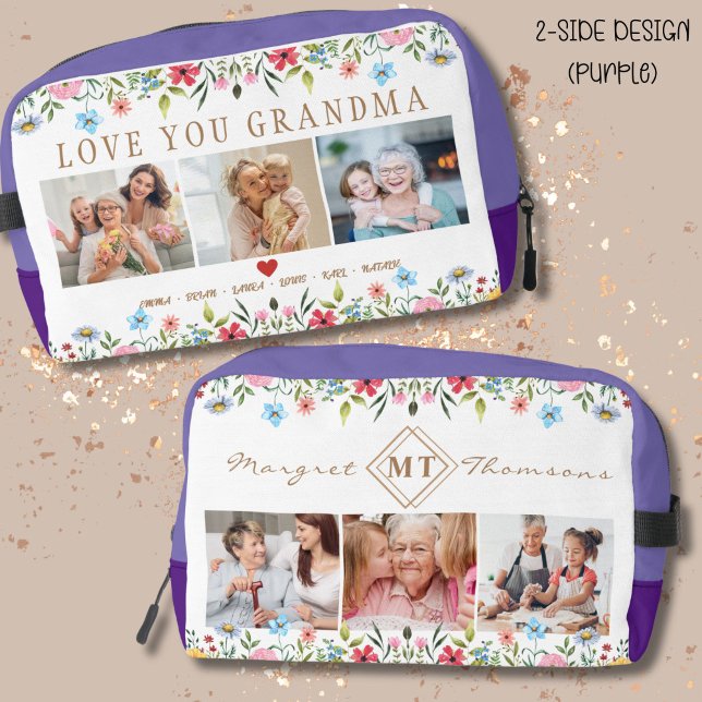 Floral Custom Text Monogram Family Photo Dopp Kit  (Unique mother's day gift to every mom, practical and personalized; you may add photos, name and text)