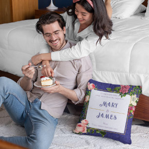 Floral Custom Text Wedding Anniversary Gift Blue Throw Pillow