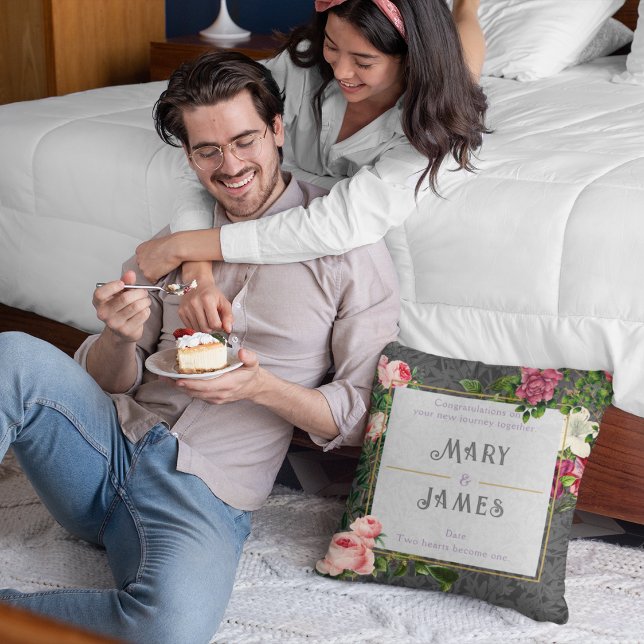 Floral Custom Text Wedding Anniversary Gift Gray Throw Pillow (Creator Uploaded)