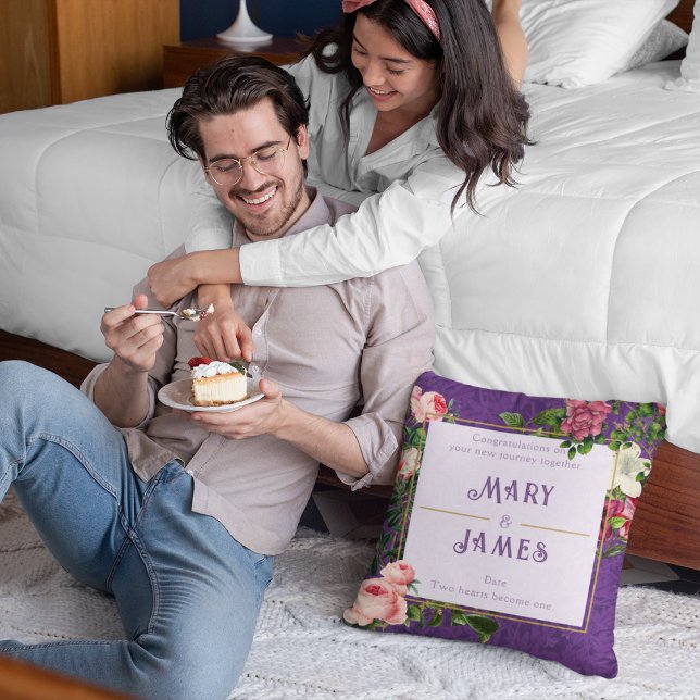 Floral Custom Text Wedding Anniversary Gift Violet Throw Pillow (Creator Uploaded)