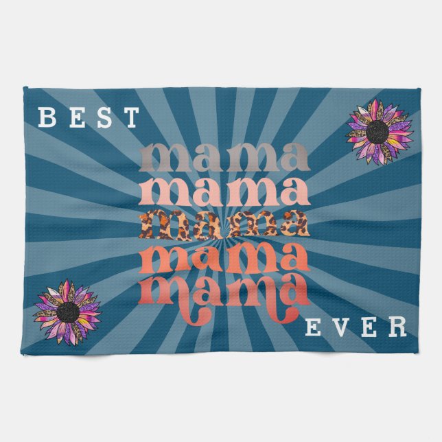 Floral Customize Best Mom Blue Kitchen Towel (Horizontal)