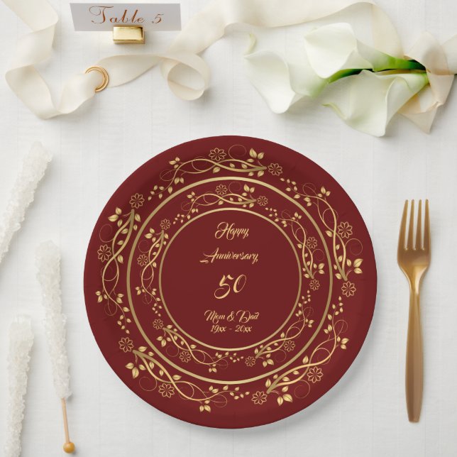 Floral Customize Happy Gold 50th Anniversary Paper Plates (Wedding)