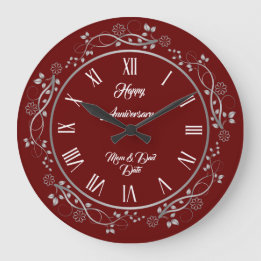Floral Customize Happy Silver 25th Anniversary Large Clock