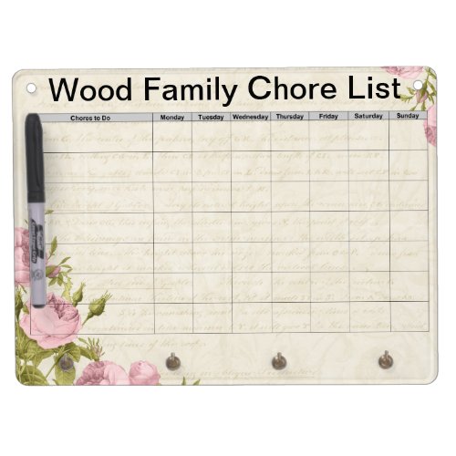 Floral customized family chore list dry erase board with keychain holder