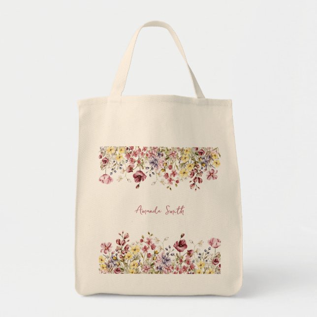 Floral Customized Name Flowers Tote Bag (Front)