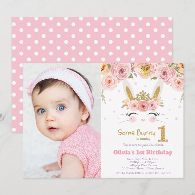 Floral Cute Bunny Rabbit 1st Birthday Photo Invitation (Front/Back)