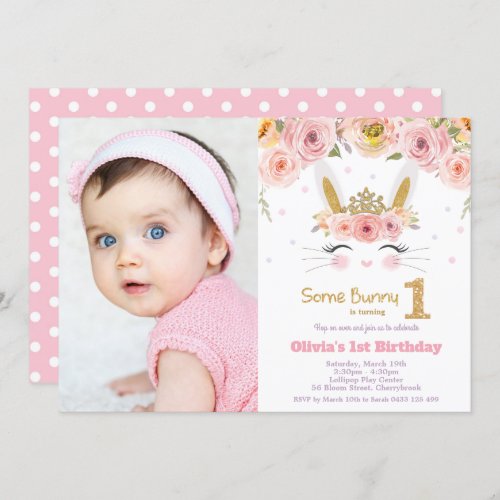 Floral Cute Bunny Rabbit 1st Birthday Photo Invitation