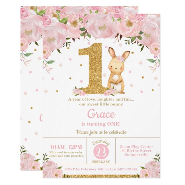 Floral Cute Bunny Rabbit Girl 1st Birthday Party Invitation