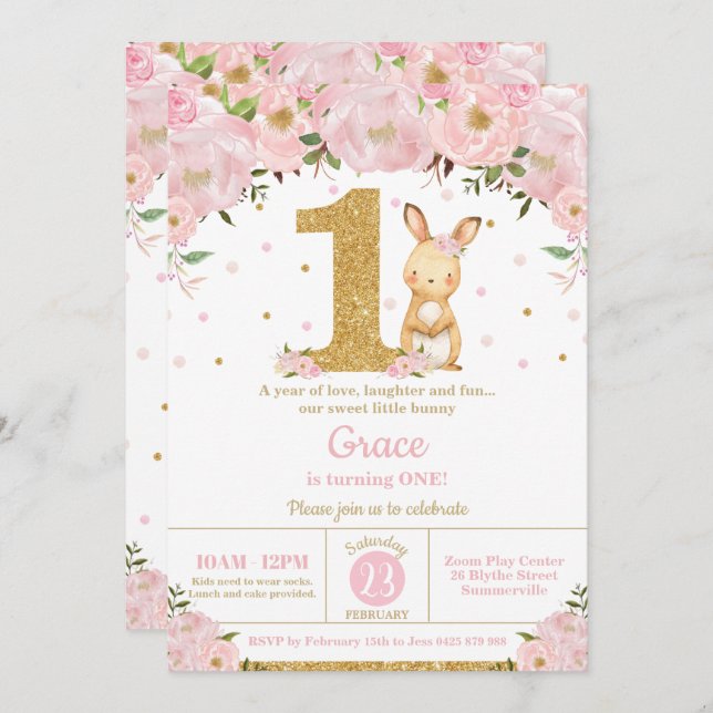 Floral Cute Bunny Rabbit Girl 1st Birthday Party Invitation (Front/Back)