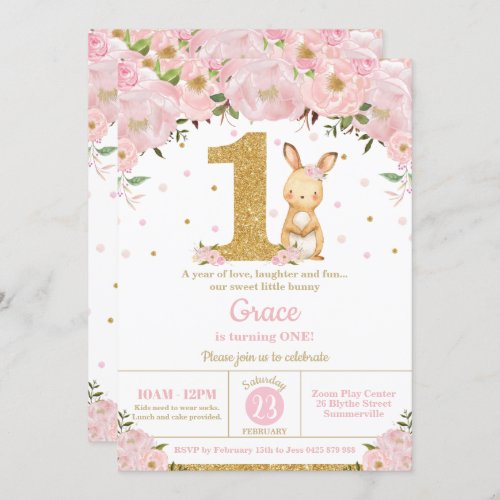 Floral Cute Bunny Rabbit Girl 1st Birthday Party Invitation
