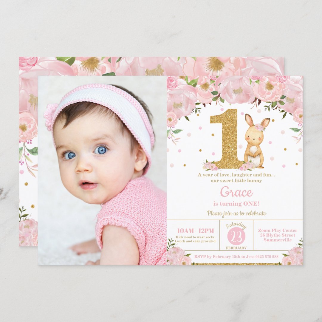 Floral Cute Bunny Rabbit Girl 1st Birthday Photo Invitation | Zazzle