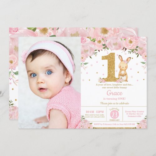 Floral Cute Bunny Rabbit Girl 1st Birthday Photo Invitation