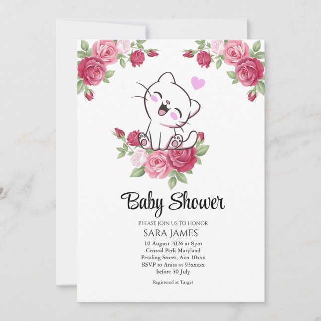 Floral Cute Cat Baby Shower Invitation (Front)