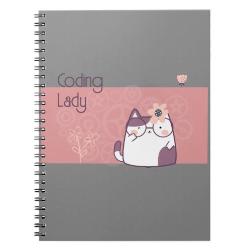 Floral cute cat coding lady cog wheel pink grey notebook