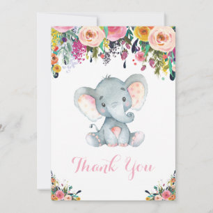 Floral Cute Elephant Baby Girl Pink and Gray Thank You Card