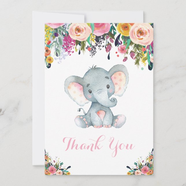Floral Cute Elephant Baby Girl Pink and Gray Thank You Card (Front)