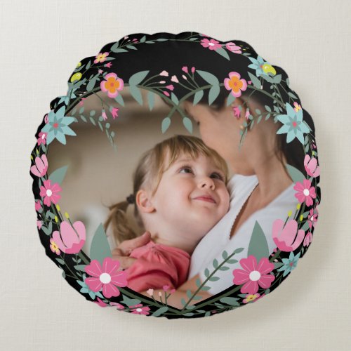 Floral Cute Flower Photo Frame Round Pillow