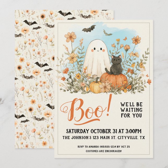 Floral Cute Ghost Halloween Invitation (Front/Back)