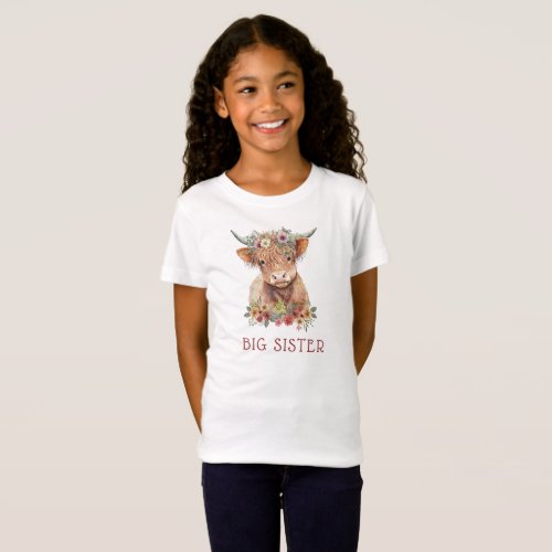 Floral Cute Highland Cow watercolor Big Sister  T_Shirt