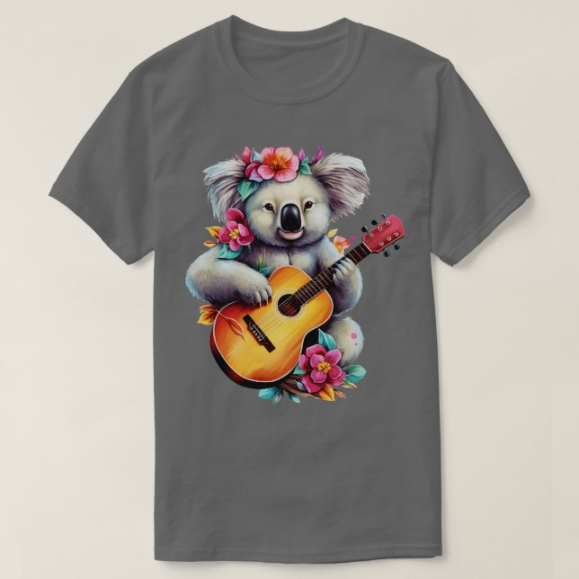 Floral Cute Koala Playing Guitar T-Shirt (Design Front)