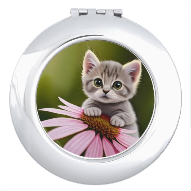 Floral cute little grey cat  compact mirror (Front)