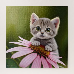 Floral cute little grey cat jigsaw puzzle
