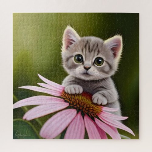 Floral cute little grey cat  jigsaw puzzle