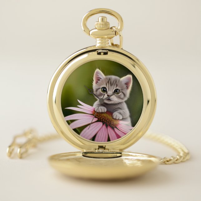 Floral cute little grey cat  pocket watch (Inside)