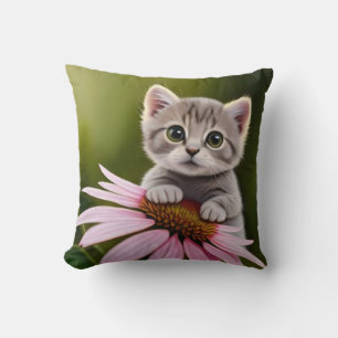 Floral cute little grey cat throw pillow