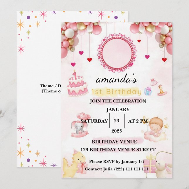 Floral  – Cute Pastel Baby 1st Birthday Party Invitation (Front/Back)