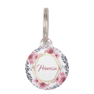 Floral Cute Pink Gold Geometric Frame Pet ID Tag