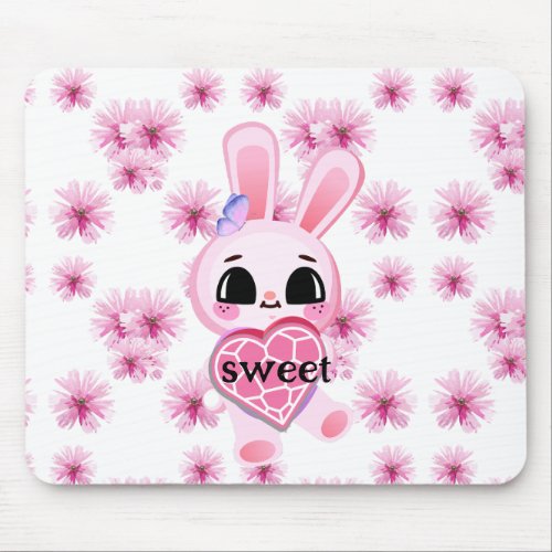 Floral cute pink rabbit easter mouse pad