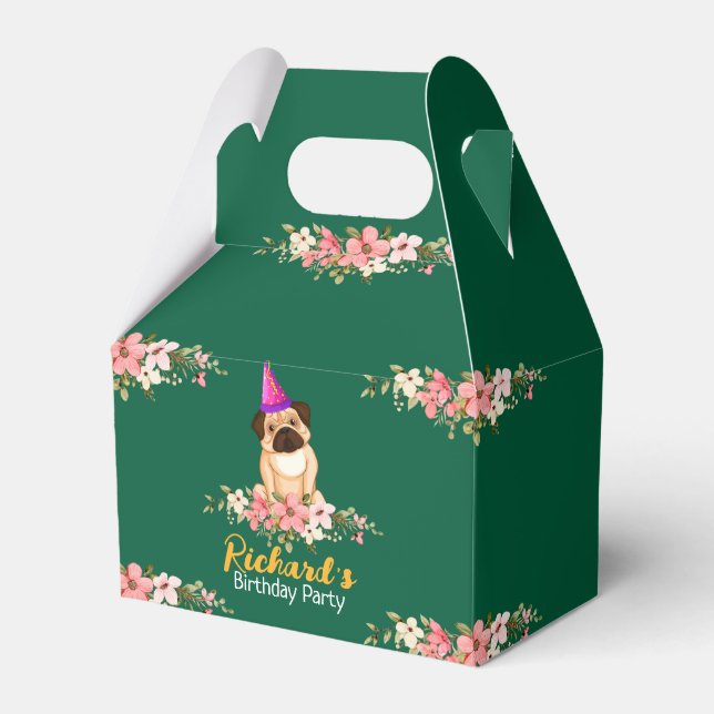 Floral Cute Puppy Kids Birthday Favor Boxes (Front Side)