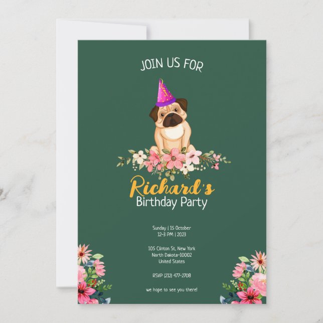 Floral Cute Puppy Kids Birthday Invitation (Front)