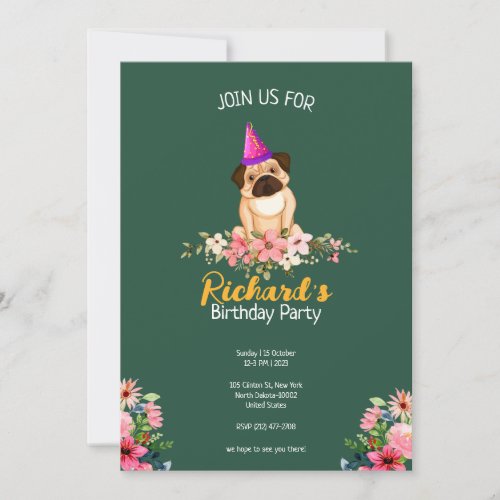 Floral Cute Puppy Kids Birthday Invitation