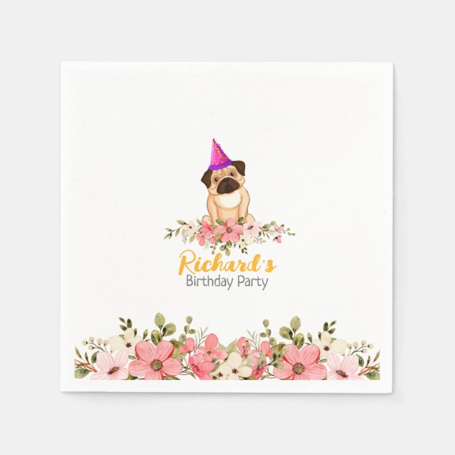 Floral Cute Puppy Kids Birthday Napkins (Front)