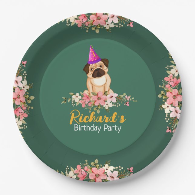 Floral Cute Puppy Kids Birthday Paper Plates (Front)