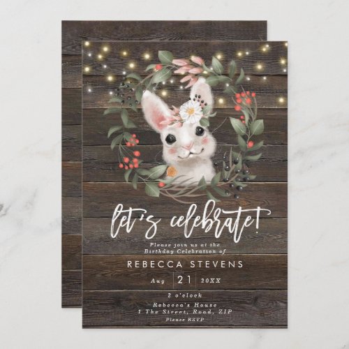 floral cute rabbit bunny lets celebrate birthday invitation