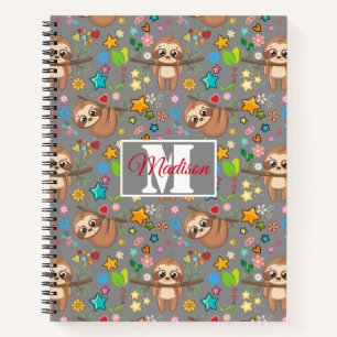 Floral Cute Sloth Pattern   Modern Monogrammed Notebook