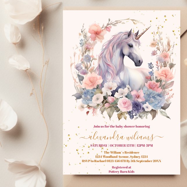 Floral Cute Unicorn Baby Shower Invitation (Creator Uploaded)