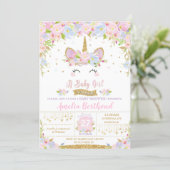 Floral Cute Unicorn Baby Shower Invitation Girl (Standing Front)