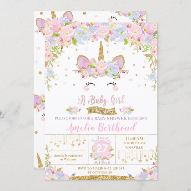 Floral Cute Unicorn Baby Shower Invitation Girl (Front/Back)