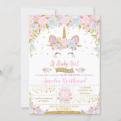 Floral Cute Unicorn Baby Shower Invitation Girl (Front)