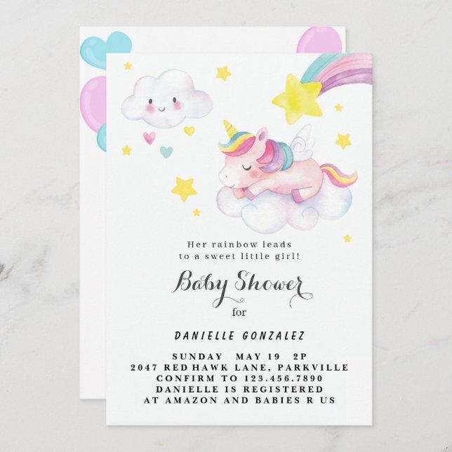 Floral Cute Unicorn Baby Shower Invitation Girl (Front/Back)