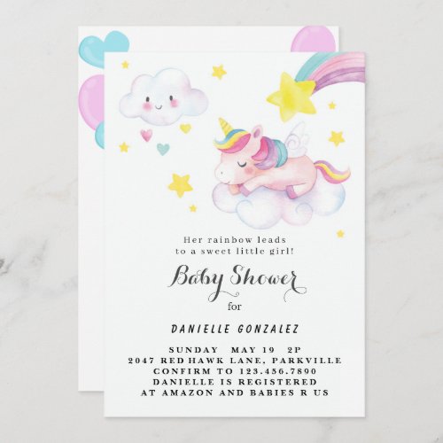Floral Cute Unicorn Baby Shower Invitation Girl